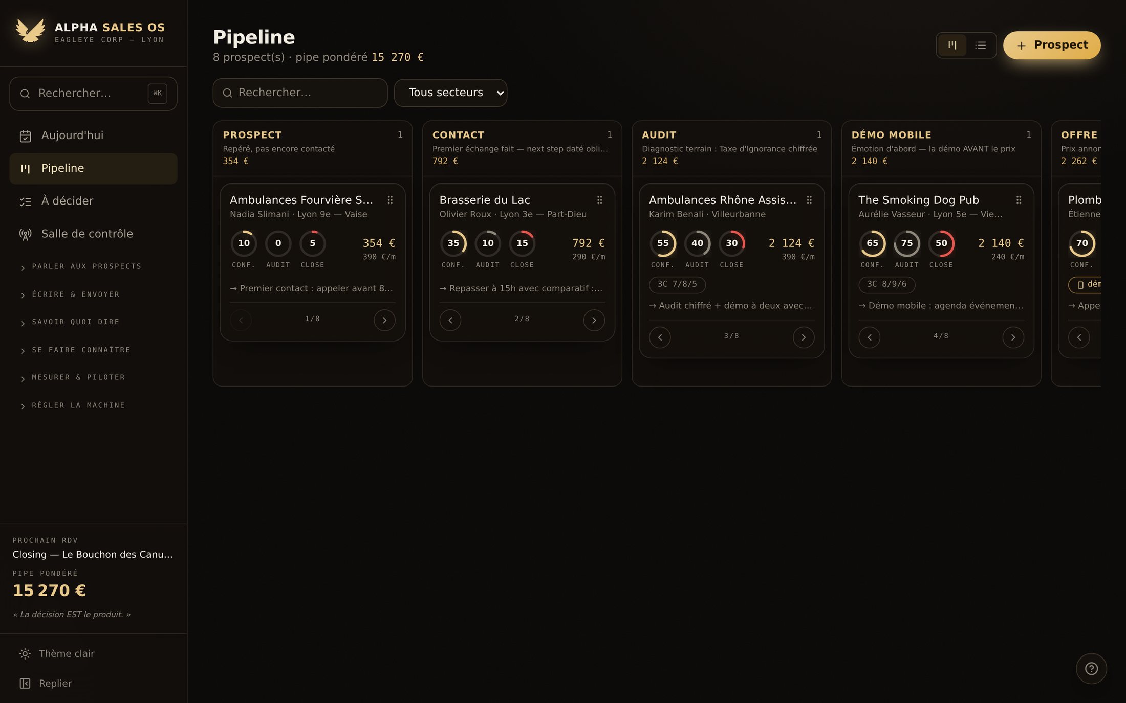 Le pipeline d'Alpha Sales OS : les affaires en cours réparties par étape de vente, avec le montant et la prochaine action de chacune.